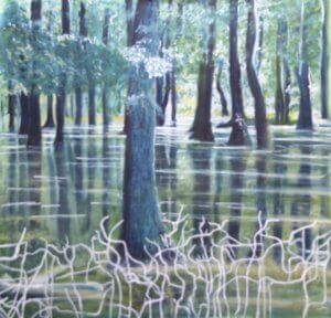 arbres pieds dans l'eau
Peinture acrylique sur toile 100x100cm